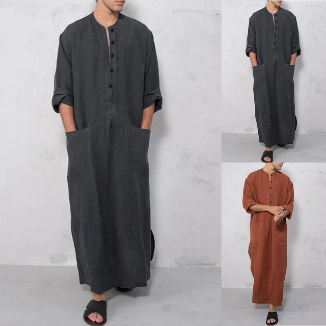CAMDOM Abito Lungo Arabo Uomo In Lino – Thobe Con Collo A V E Ricami, Kaftan Per Preghiera