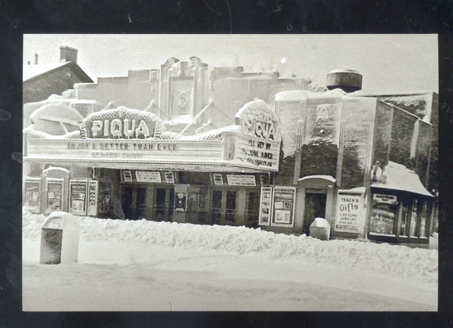 Real Photo Piqua Ohio Downtown Street Scene Theatre Snow Postcard Copy