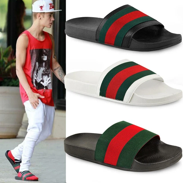 MENS GUYS FLAT Rubber Slides Sliders Stripe Sandals Pool Beach