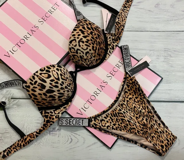 Victoria’S Secret Shine Cinturino Bomba Add-2-cups Push-Up Set Bikini Leopardo