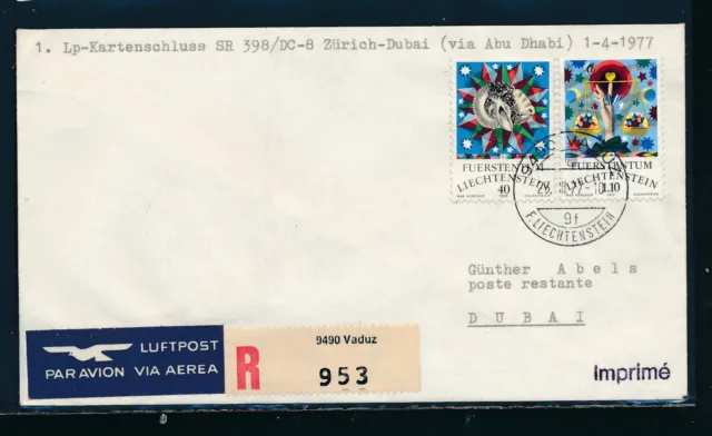 1594) Switzerland, SR 1.KS Zurich - Dubai 1.4.77, letter from Liechtenstein