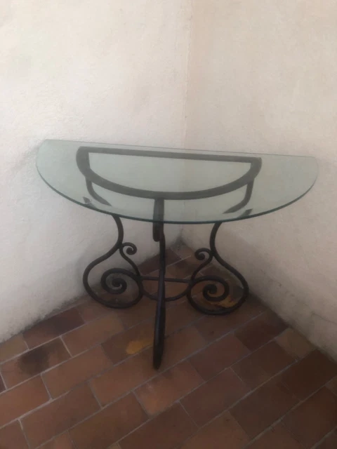Console Demi-lune Fer Forgé Marron Et Verre – Élégante Pour Entrée Ou Salon