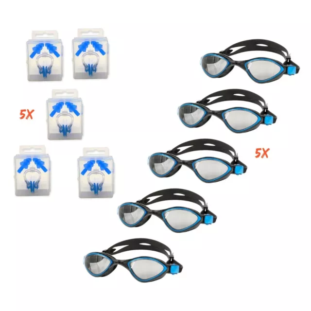 XXL SET 5x Taucherbrille Blau Schwimmbrille UV-Schutz 5x Nasenclips Ohrstöpsel