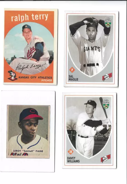 Lote de 4 tarjetas de béisbol Leroy Satchell Paige Ralph Terry Sal camiseta Davey Williams