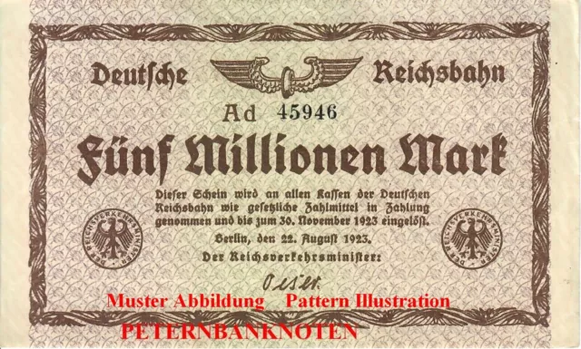 5 Millionen Mark  DEUTSCHE  REICHSBAHN  1923  (VF-)   650# Gebraucht used..