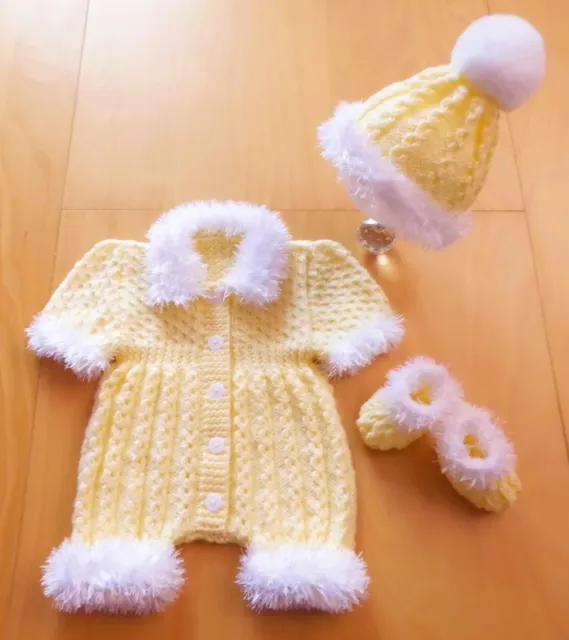 Hand Knitted Baby Romper, Hat and Booties Sets - Lemon & White - 0-3mths