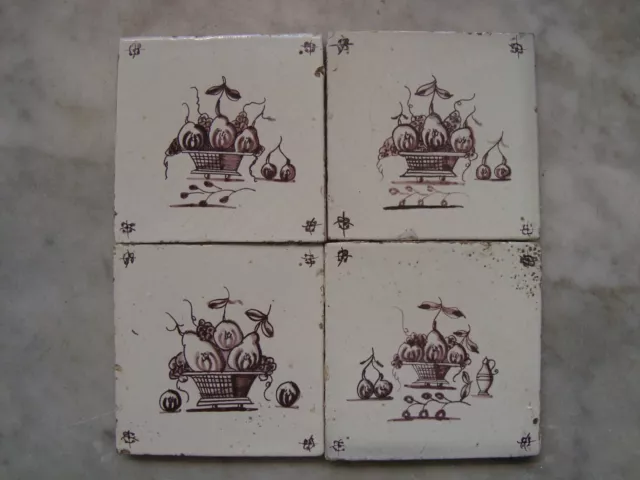 nice set   18h  century delft  dutch  tiles ,fruit is basket/fruits (4)