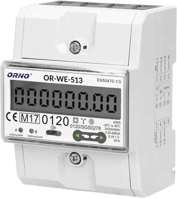 ORNO OR-WE-513 Stromzähler Hutschiene 3-Phasen-Anzeige des Stromverbrauchs mit M