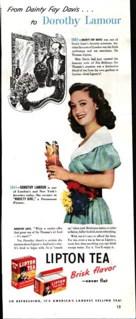 1947 Lipton Tea Actress Dorothy Lamour Dainty Fay Davis Vintage Print Ad 619