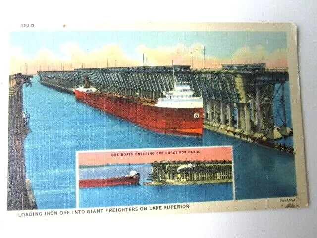 Linen postcard LOADING IRON ORE INTO GIANT FREIGHTERS ON LAKE SUPERIOR MINN P-72