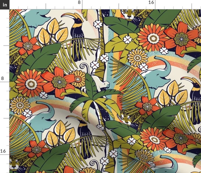 Jungle Bright Floral Retro Monkey Tropical 70S Spoonflower Fabric by the Yard