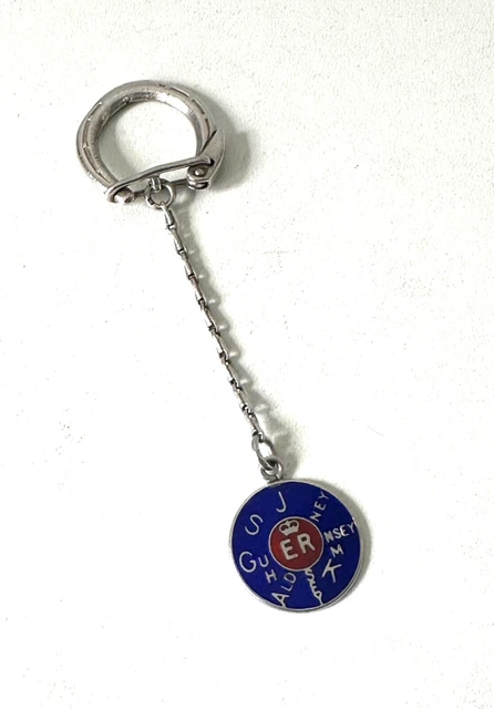 Vintage Queens Coronation 1953 Guernsey Sterling Silver Enamel Lucky Key Ring