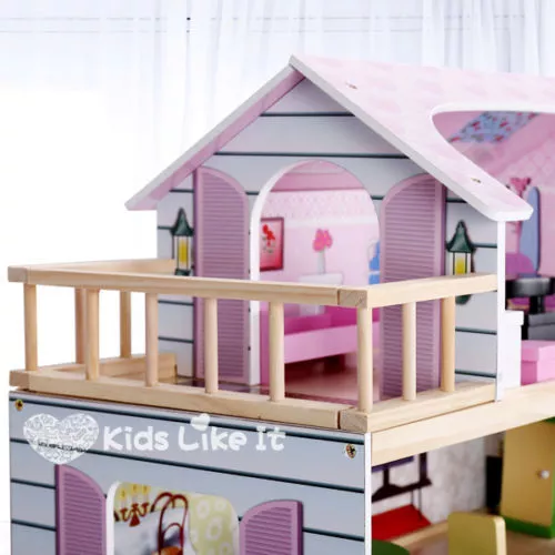 Brand New GIRLS Pink Wooden 3 Levels Dolls Dollhouse 13 Pieces Full FURNITURE 3