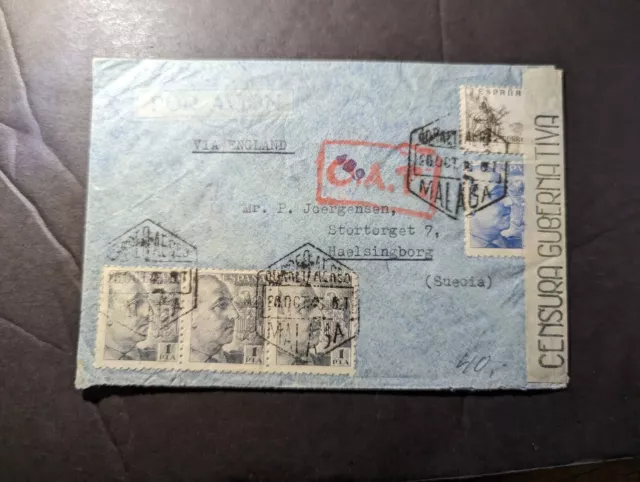 1945 Censored Spain Airmail Cover Malaga to Haelsingborg Switzerland