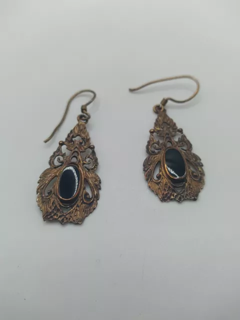 Antique Victorian 9k Rosy Gold & Jet Etruscan Revival Bohemian Dangle Earrings 3