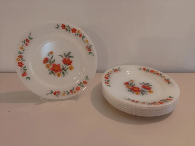 Lot Vintage 5 Assiettes à Dessert Arcopal – Décor Fleurs Orange – Diamètre 19 Cm