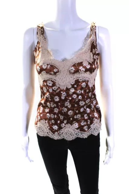 Dolce & Gabbana Womens Brown Floral Lace Trim Sleeveless Sleep Top Size 40