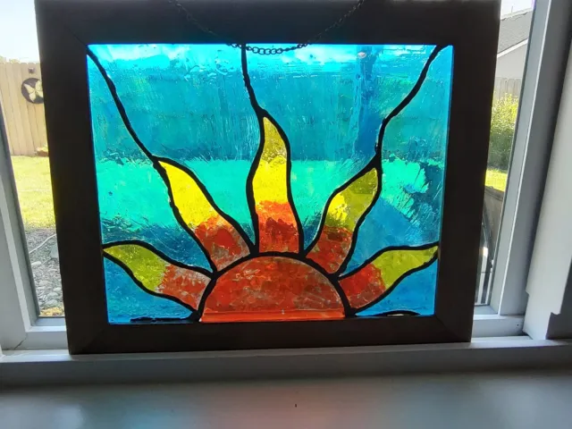 Wood Framed, STAINED GLASS Window Of Bright Rising Sun  11.5" x 10"