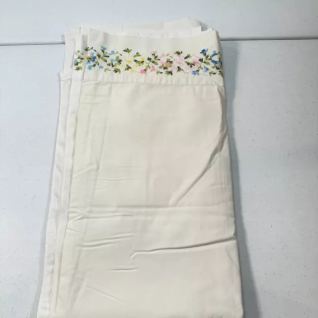 vintage utica double flat sheet flowers embroidered  no iron percale mcm retro