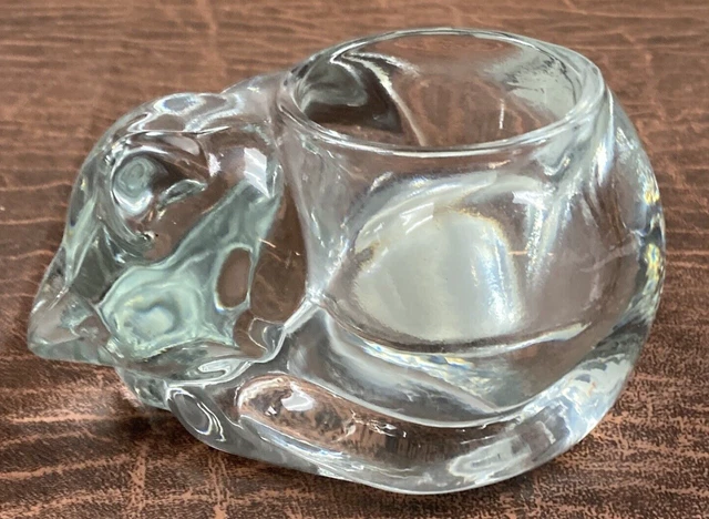 Crystal Votive Candle Holder Sleeping Cat Figurine Vintage Indiana Glass EUC