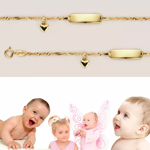 Baby Taufe Namen Datum Gravur Armband Echt Gold 333 8 Kt Singapur Kette mit Herz