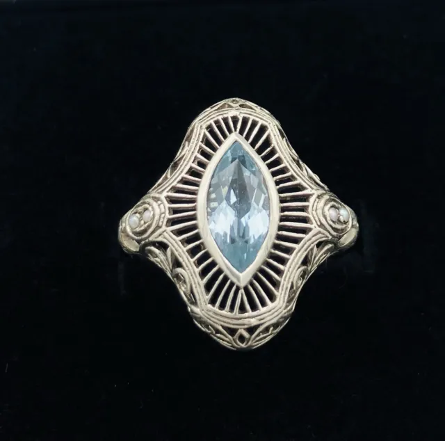 Jugendstil Ring 925er Silber Aquamarin Gr. 52 Saatperlen Art Nouveau Deco