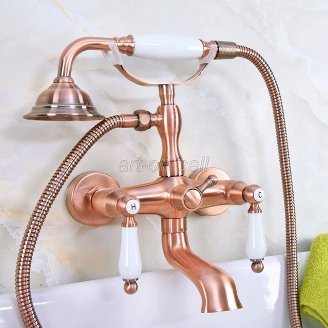 Red Copper Wall Mount Bathroom Clawfoot Bath Tub Faucet Filler w/ Hand Shower