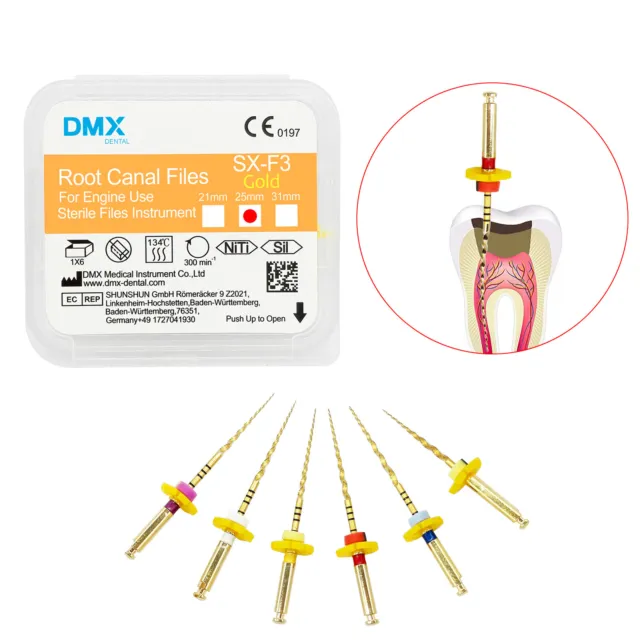 DMX Dental Endodontic Gold Taper NITI Rotary Root Canal Files SX-F3 25mm 6 Pcs
