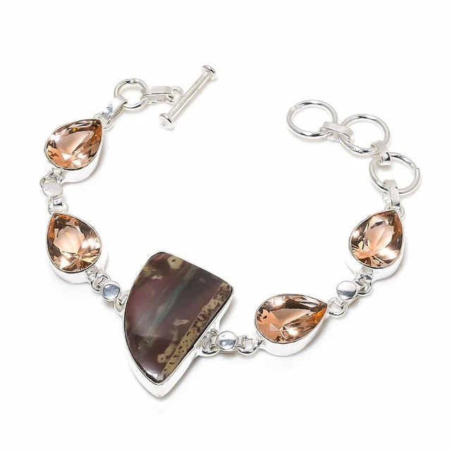 Dragon Jasper, Morganite Handmade Ethnic Gift Bracelet 7-8" SK-12533