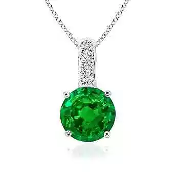 ANGARA 6mm Natural Emerald Solitaire Pendant with Diamond in Silver for Women