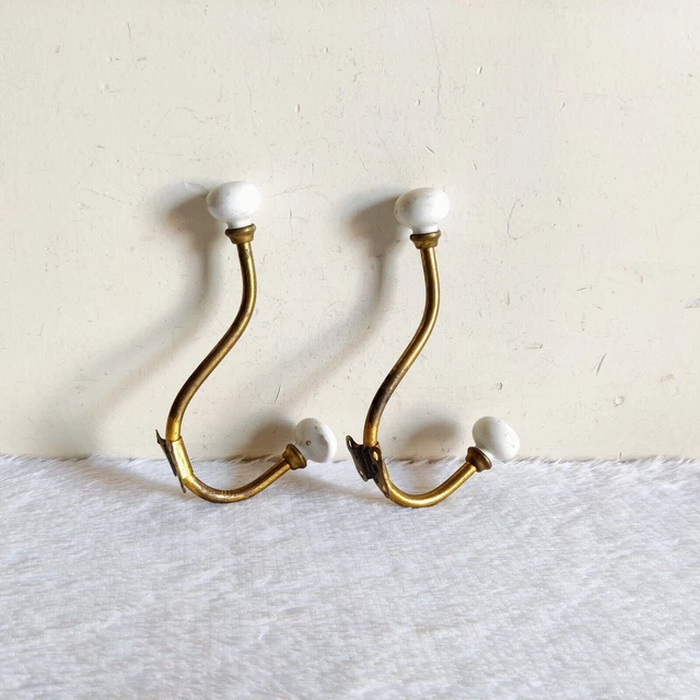 1920s Vintage Victorian Ceramic Knobs Ornate Brass Wall Hanger Hook 2 Pcs M322 8