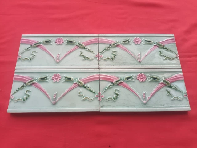 4 Piece Lot Art Deco Floral Design Embossed Majolica Ceramic Tiles England 0289 2