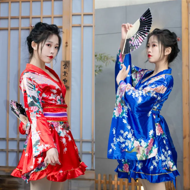 Floral Kimono Satin Ruffle Dress Japanese Bathrobe Yukata Costume Vintage Women