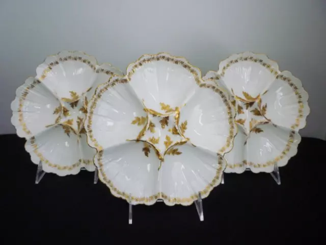 T & V France Limoges Oyster Plates - Set Of 3 Gold & White 5-Well Ovington Bros