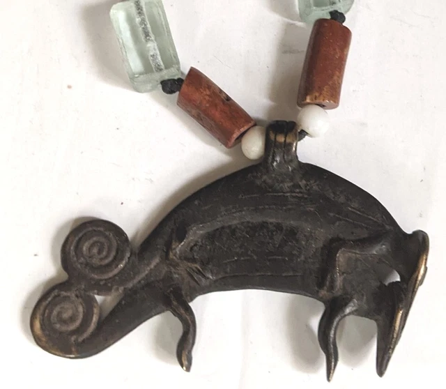 AFRICAN ORIGINAL HANDMADE LOBI GAN BRONZE CHAMELEON JEWELRY w BAUXITE TRADE BEAD