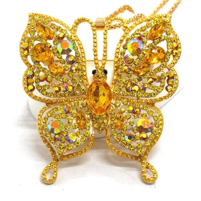Hot Fashion Women Cute Rhinestone Yellow Butterfly Crystal Pendant Necklace