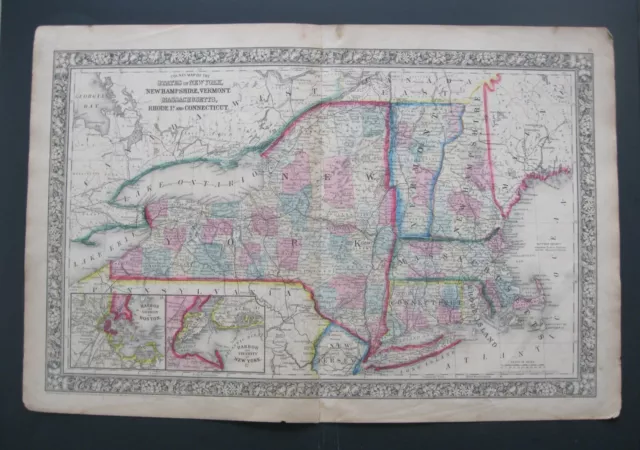 1860 Civil War Era Mitchell Map:NY,CT,MA,RI,NH,VT-New York City & Boston Harbors