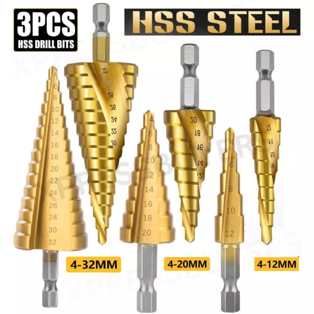 Large HSS Steel Step Cone Drill Titanium Bit Set Metal Hole Cutter 4-12/20/32mm