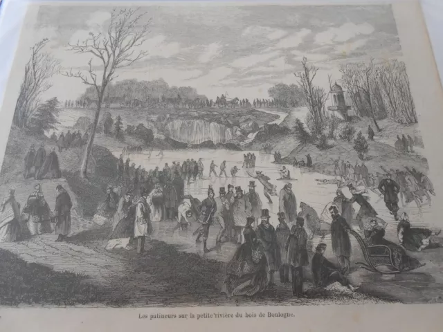 Gravure 1861  Les patineurs sur la petite rivière du Bois de Boulogne