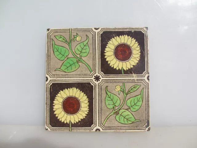 Antique Ceramic Tile Old Floral Flowers Victorian Art Nouveau Vintage Leaf 3