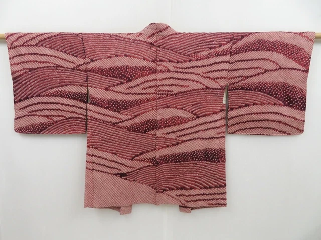 3023T03z650 Vintage Japanese Kimono Silk SHIBORI HAORI Wave Brown