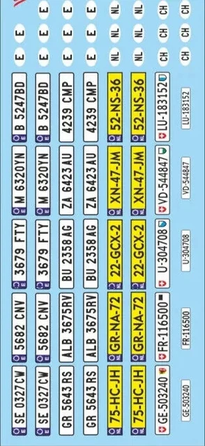 Lot De Décalcomanies Plaques D'Immatriculation 1/64 - 120x80mm, Diverses Nations