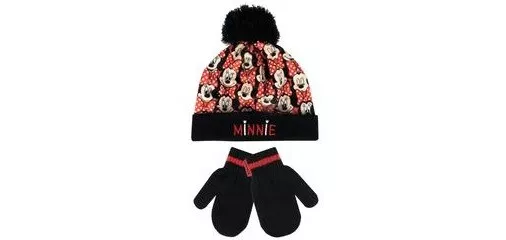 Girls Boys Minnie Mouse Red And Black Beanie Hat And Glove Set 6-8 Years New