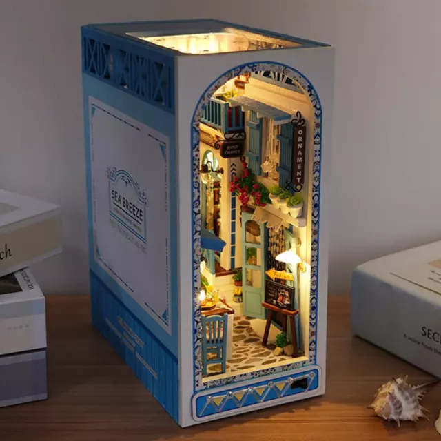 DIY Book Nook Kit 3D Seaside Wooden Puzzle Bookshelf Ligh Decor Warm Insert ∫δ