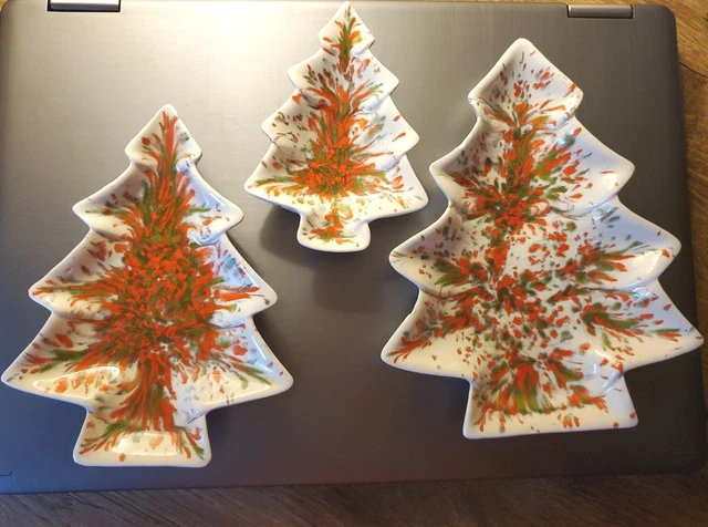 Vintage MCM ceramic glazed Christmas Tree shaped trays white red green speckle