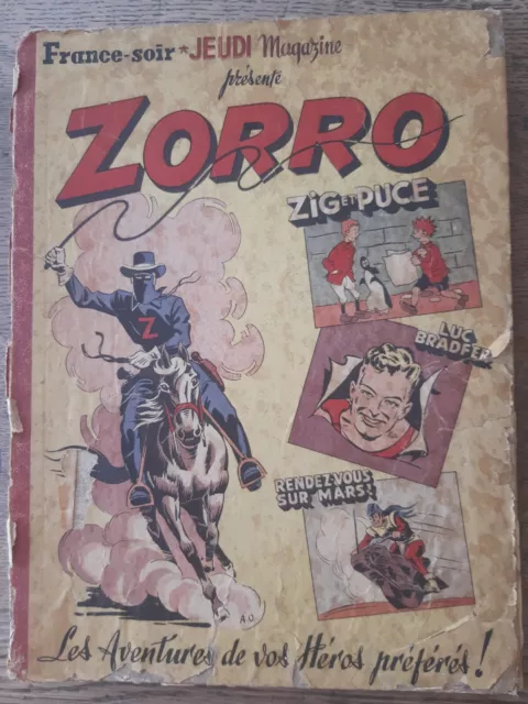 BD Reliure ZORRO France-Soir Jeudi Magazine n°1 (n°51 à 66) 1947 MAUVAIS ETAT