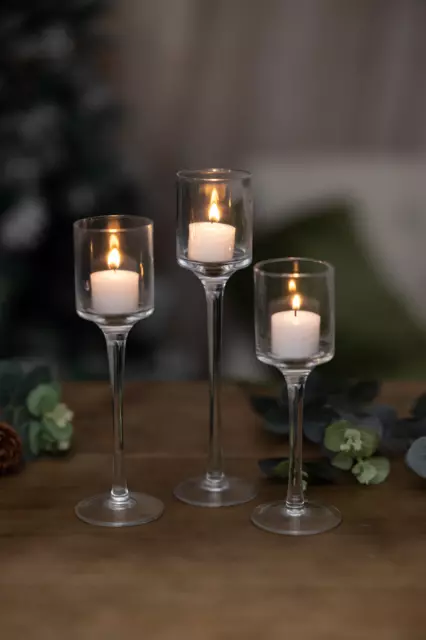 Glass Candle Holder 3pc Set Christmas Votive Pillar Home Decor Staggered Xmas