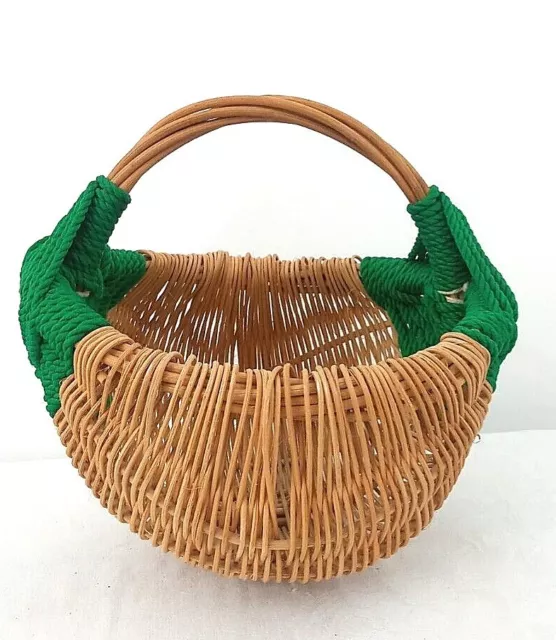 Vintage Wicker Egg Basket Buttocks Basket Natural Green Rope Handle Hand Woven 8