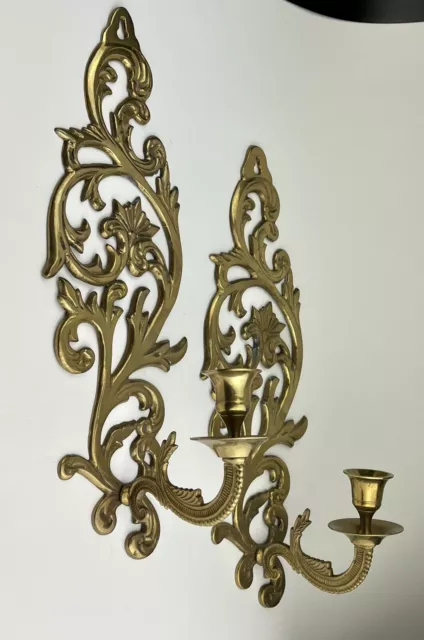 Vtg Hollywood Regency Ornate Solid Brass Wall Sconce Candle Holder Set Pair Gold