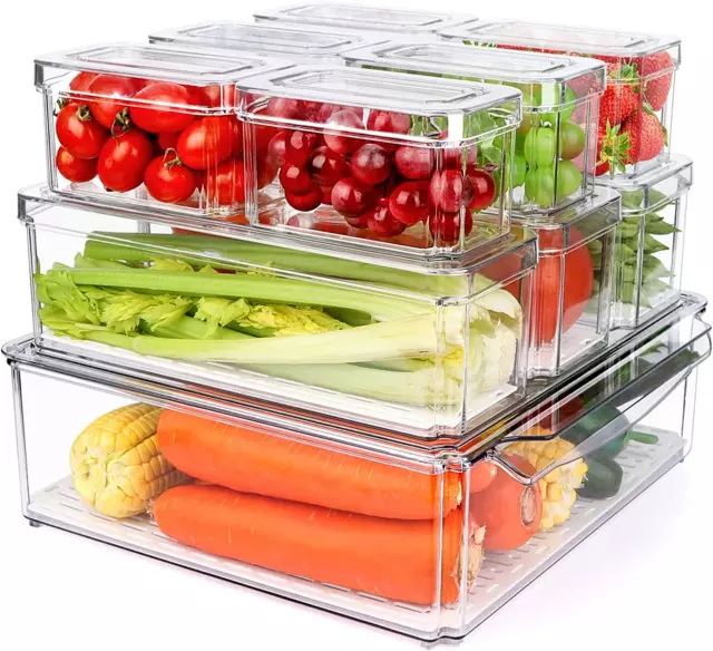 [10 Pack]  Clear Stackable Fridge Organiser Bins with Lids & Drain Tray, Large S